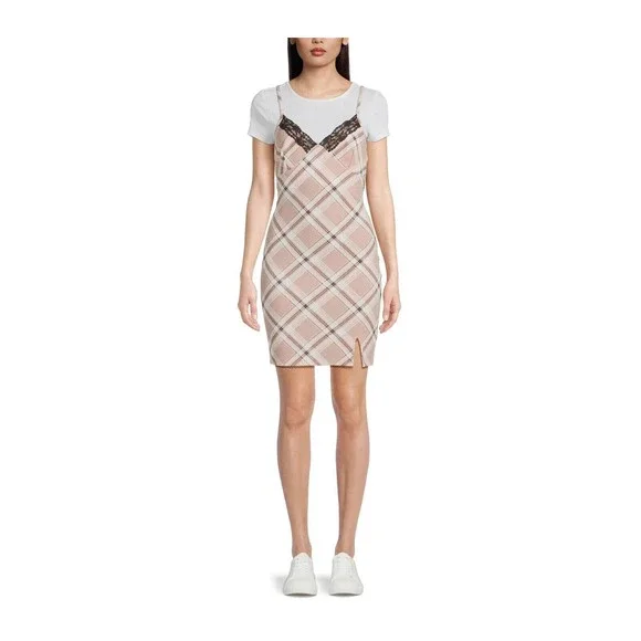 No Boundaries | Dresses | No Boundaries Juniors Twofer Lace Trim Dress Size  L 113 Tan Plaid New | Poshmark